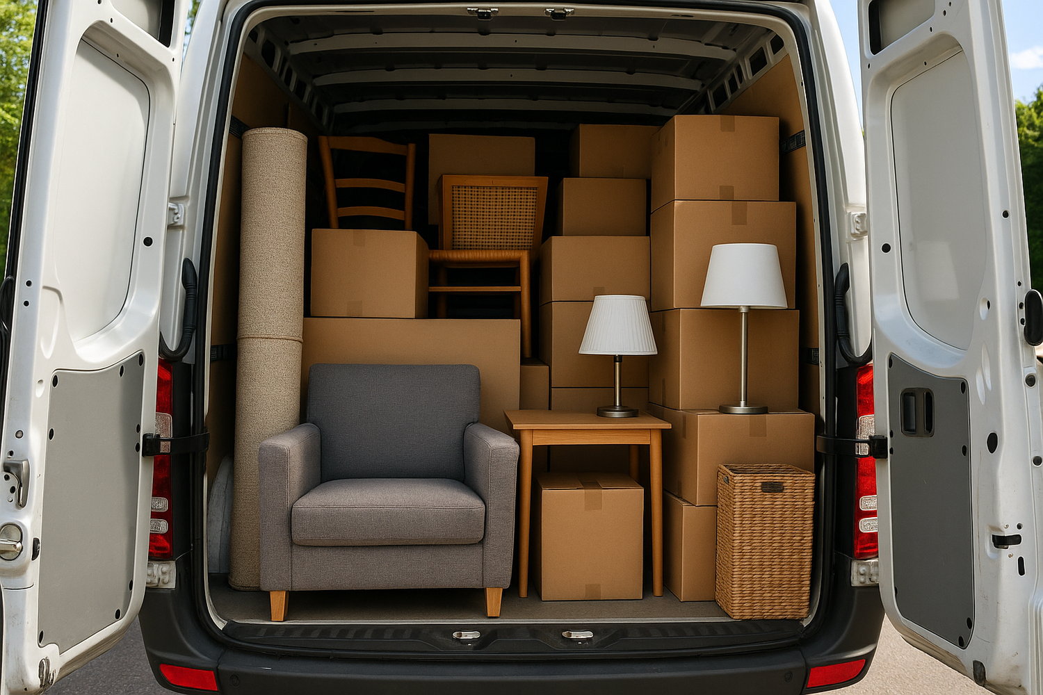 van full of things from a house removal, show from the back doors open